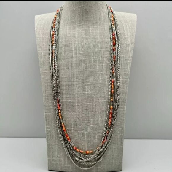 Vera Wang NecklacE Coral Pink Beads Silver Tone Layered Strands NWOT 28"-30" - Picture 1 of 10
